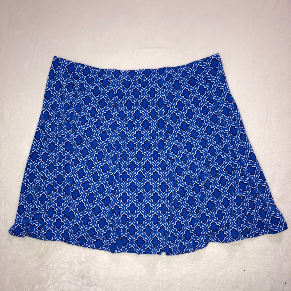 Susan Graver Liquid Knit Blue White Geometric Print Skort 1X Athleisure Mod Golf